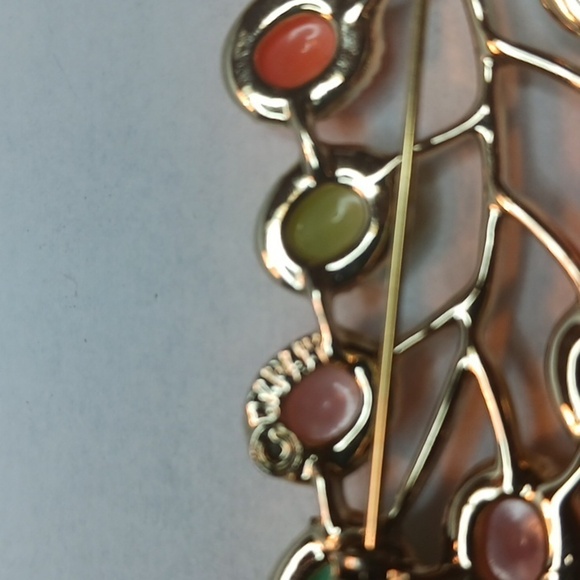 Signed SARAH COVENTRY Multi-Color "Stone" FLOWER BROOCH Orange Yellow Pink VTG - Picture 6 of 6